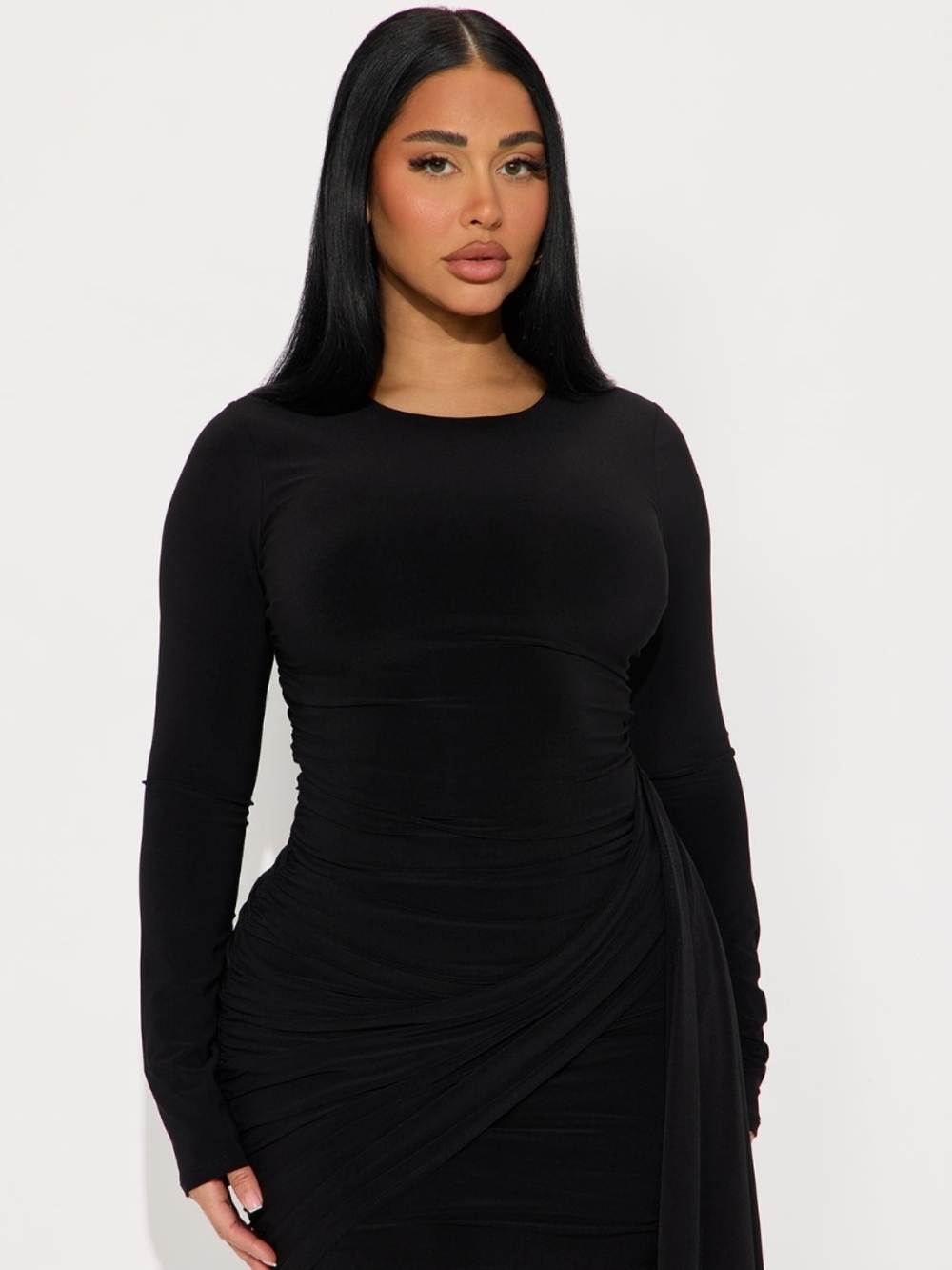 Fashion Nova Stella Ruched Long Sleeve Mini Dress - Black (1X) (EUC) - Picture 3 of 11
